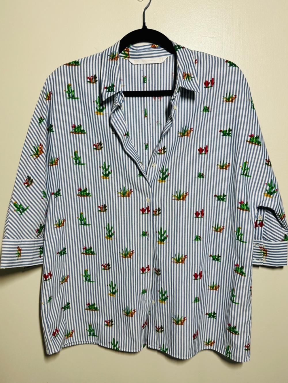 Zara Blue & White Striped Button-Up Shirt with Multicolor Cactus Print
